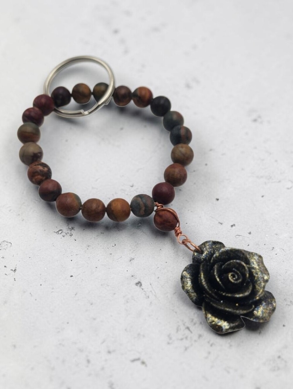 Handmade Jasper Bead Keychain with Rose Charm Cute Floral Bag Accessory